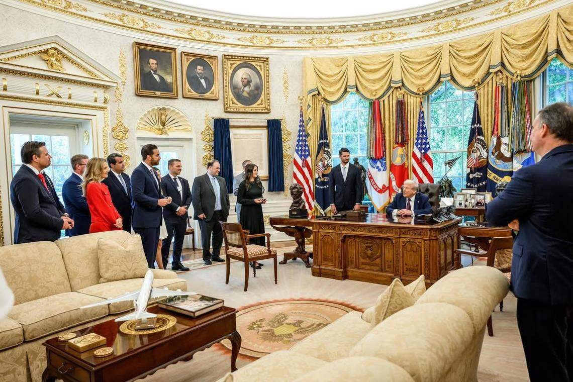 House Speaker Daniel Perez and his leadership team met Thursday, Sept. 4, 2025, in the Oval Office with President Donald Trump. People around the president are encouraging Perez to run for Florida attorney general against Gov. Ron DeSantis’ handpicked candidate.
