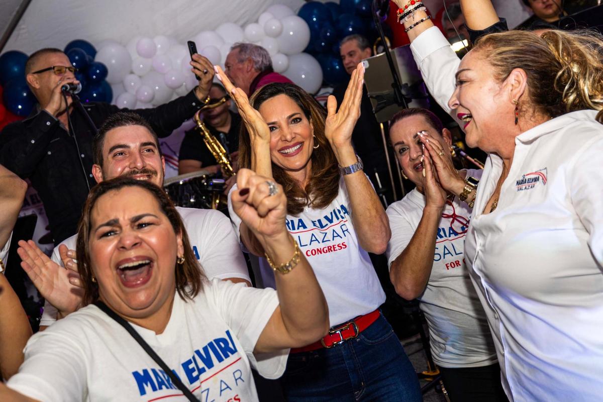 Republican Maria Elvira Salazar reacts to winning the U.S. House of Representatives District 27 race during an election night watch party at Sergio’s on Tuesday, Nov. 5, 2024, in Miami.