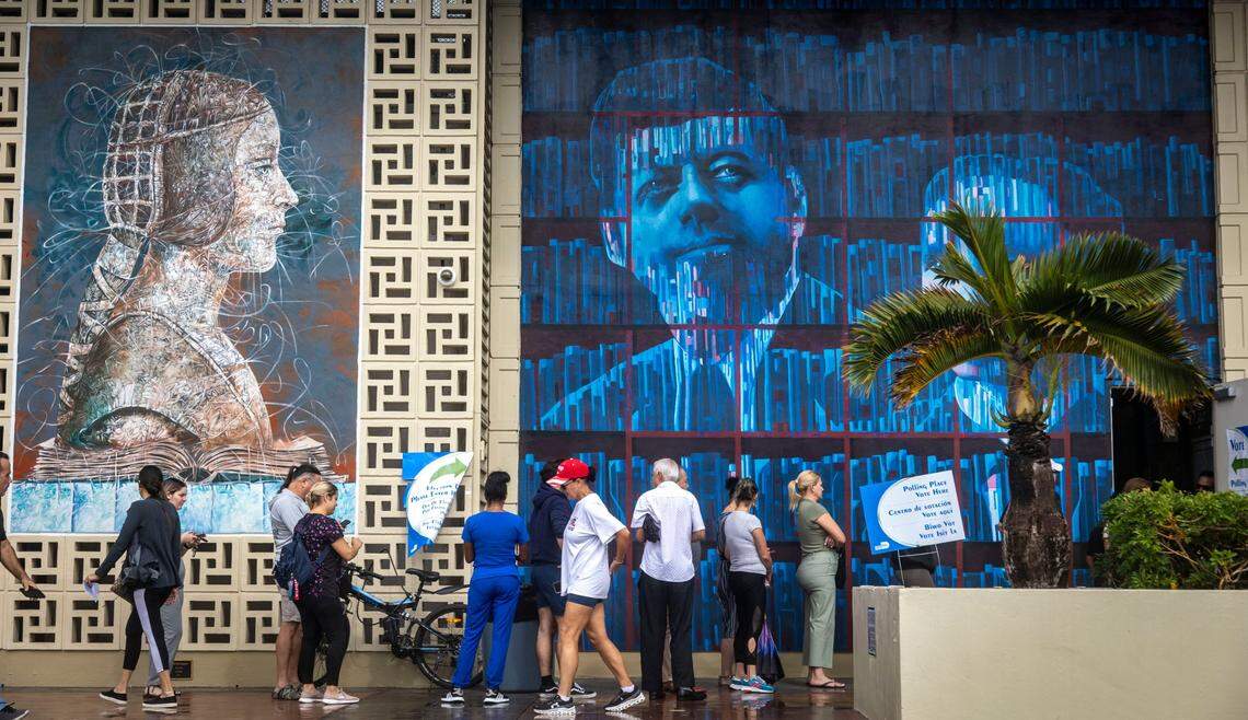 Hialeah, Florida, November 5, 2024 - Voters line up to cast their ballots at the John F Kennedy Library 190W 49th st., Hialeah, Florida.,