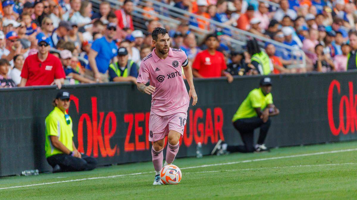 Inter Miami forward Lionel Messi (10) drives during the first half of their U.S. Open Cup semifinal against FC Cincinnati at TQL Stadium on Wednesday, Aug. 23, 2023, in Cincinnati, Ohio.