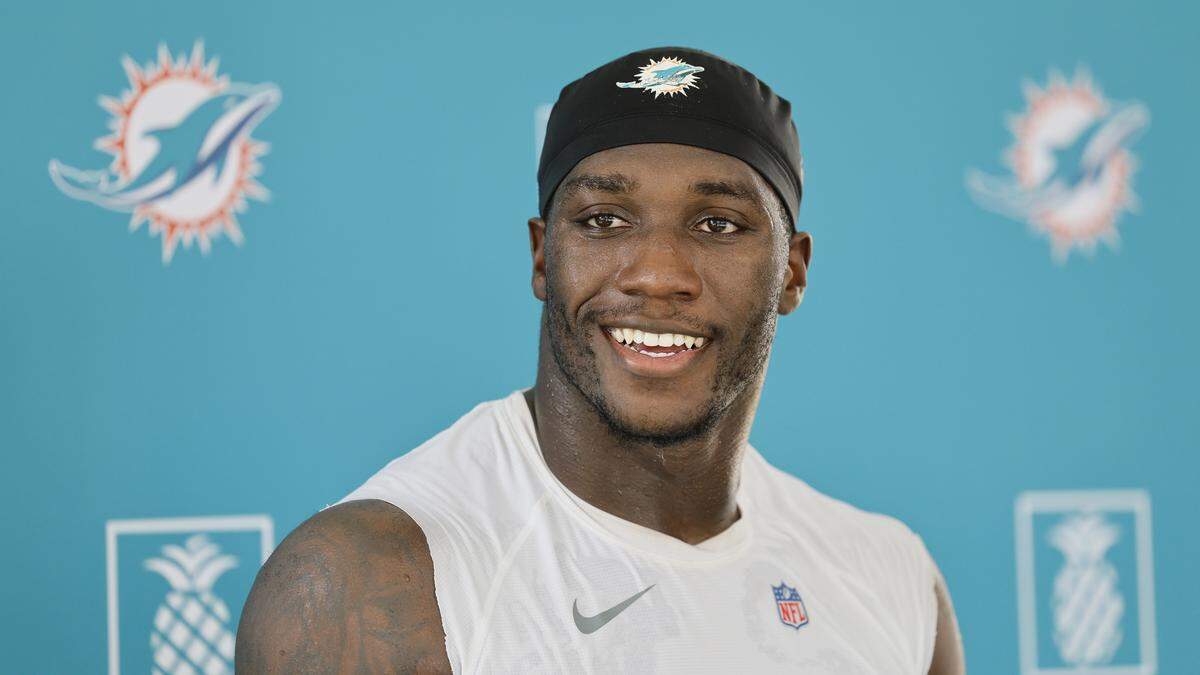 Miami Dolphins linebacker K.J. Britt (3) speaks to reporters after practice at the Miami Dolphins Training Camp in Miami Gardens, Florida, on Wednesday, August 20, 2025.