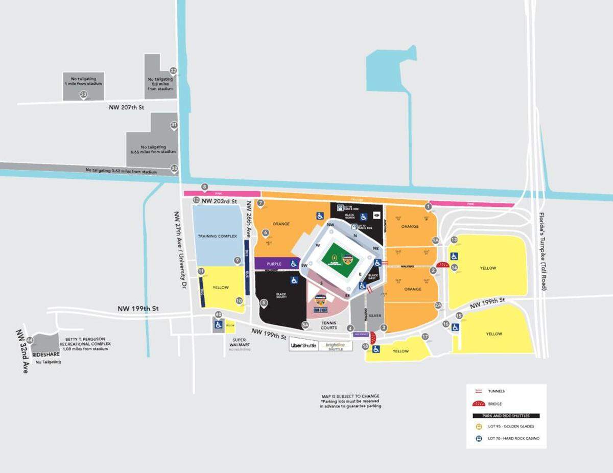 Game Day parking map and Uber and Brightline shuttle drop offs, pick ups, for the College Football Playoff quarterfinal at Miami Gardens’ Hard Rock Stadium on Jan. 1, 2026.