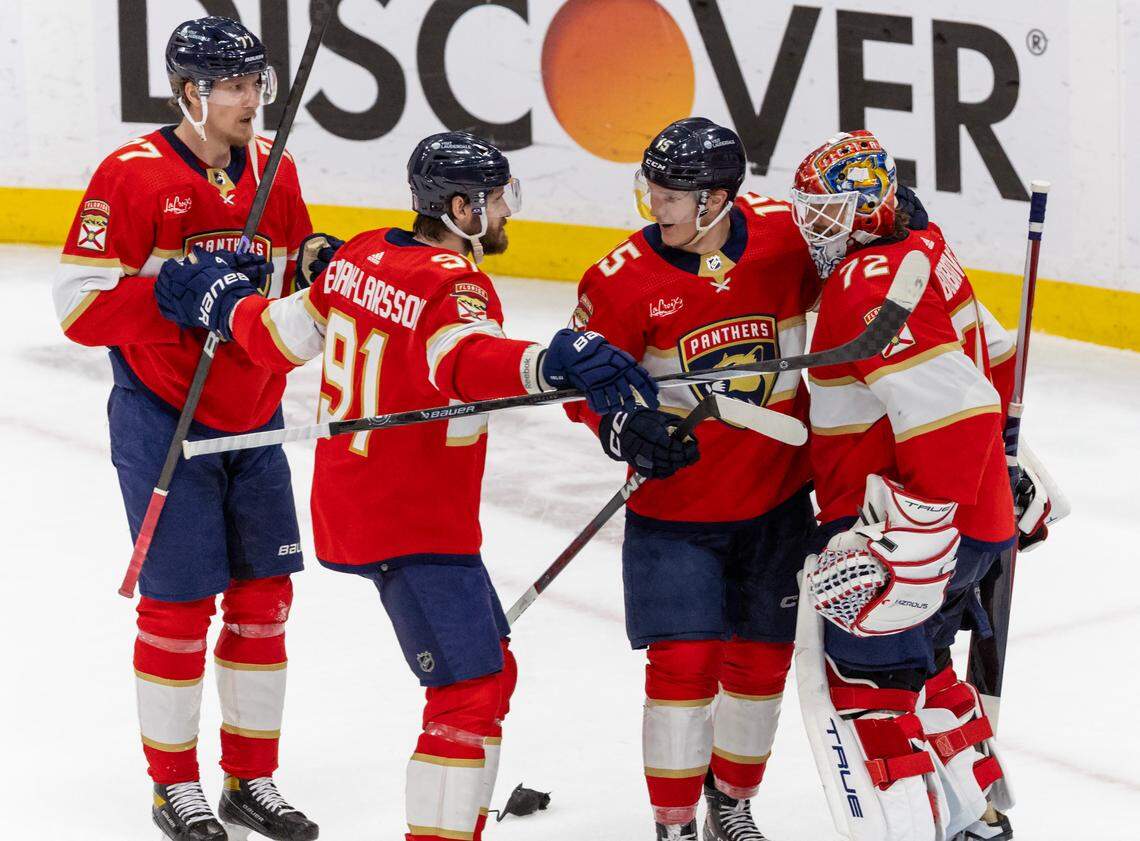 Florida Panthers goaltender Sergei Bobrovsky (72) celebrate with teammates after their team’s win against the New York Rangers in Game 6 during the Eastern Conference finals of the NHL hockey Stanley Cup playoffs at the Amerant Bank Arena on Saturday, June 1, 2024, in Sunrise, Fla.