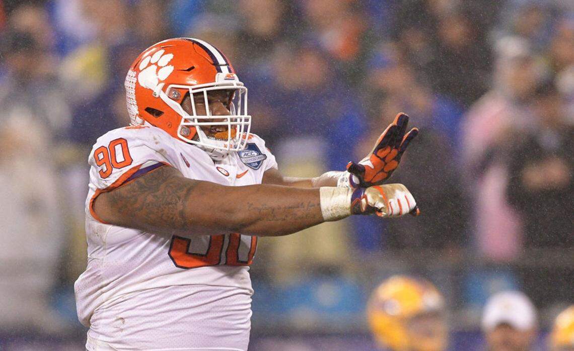 Dexter Lawrence #90 of the Clemson Tigers reacts against the Pittsburgh Panthers in the first quarter during their game at Bank of America Stadium on December 1, 2018 in Charlotte, North Carolina.