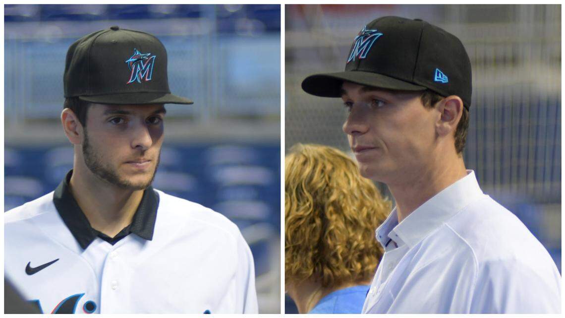Catcher Joe Mack and infielder Cody Morissette, two of the Miami Marlins’ top picks in the 2021 MLB Draft, at loanDepot park on Friday, July 23, 2021.
