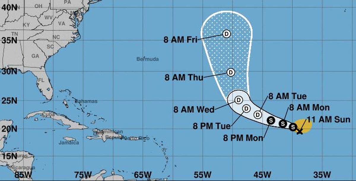 Tropical Storm Emily’s projected path. Emily’s not expected to remain a storm for long.