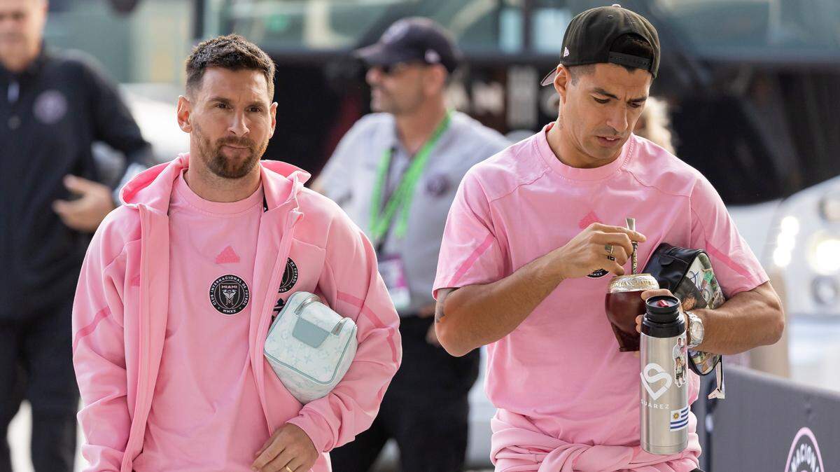 Inter Miami forwards Lionel Messi (10) and Luis Suárez (9) arrive to Chase Stadium before their CONCACAF Champions Cup tournament soccer match against Nashville SC at Chase Stadium on Wednesday, March 13, 2024, in Fort Lauderdale, Fla.