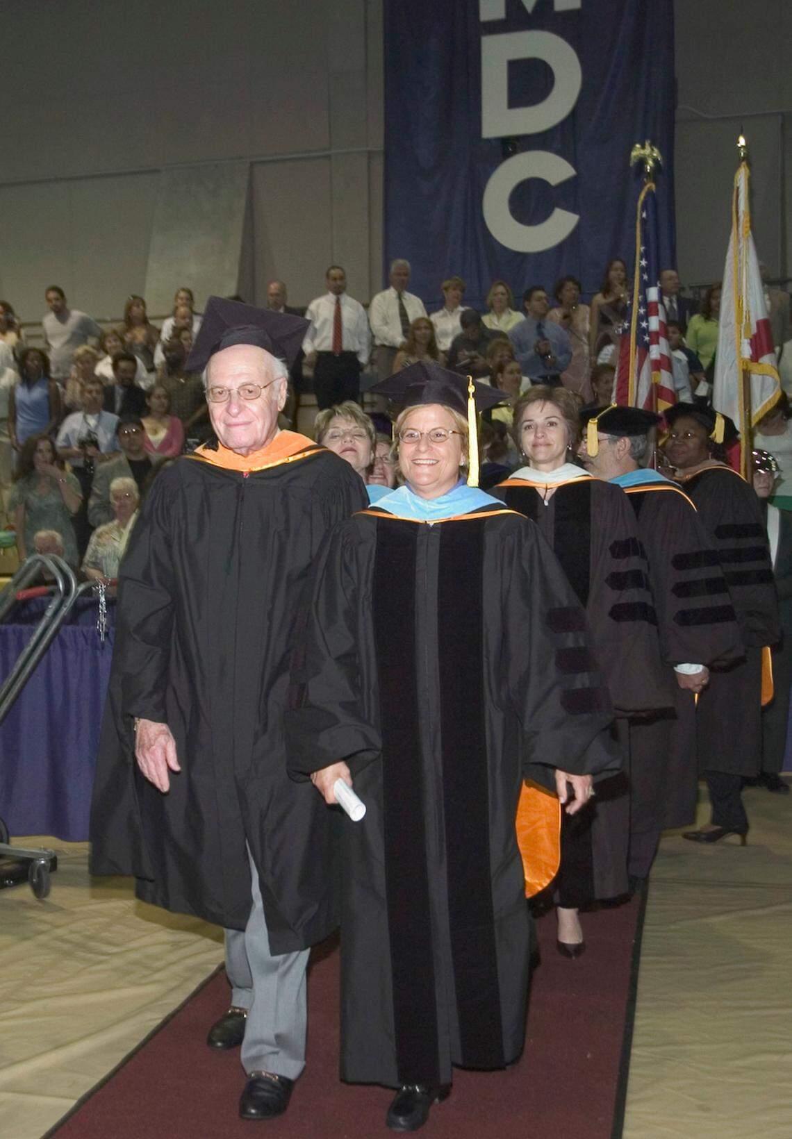 Stanley Tate and Rep. Ileana Ros-Lehtinen, who both worked on the Florida Prepaid College Plan Tate conceived and funded, at a 2005 graduation ceremony on the Kendall campus of Miami Dade College on April 30, 2015.