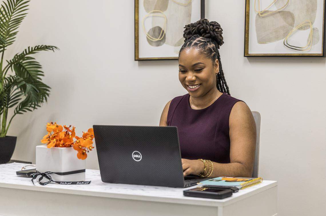 Kerrina O'Connor, a tax professional with KAKE Financial, works in her office in Lauderhill, Florida, on Friday, February 13, 2026.