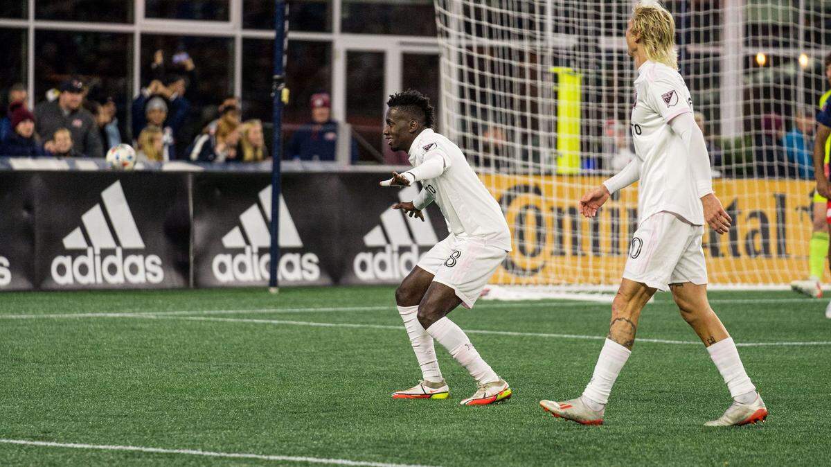 Blaise Matuidi celebrates his game-winning goal as Inter Miami upset first-place New England Revolution in the season finale at Gillette Stadium on Nov. 7, 2021