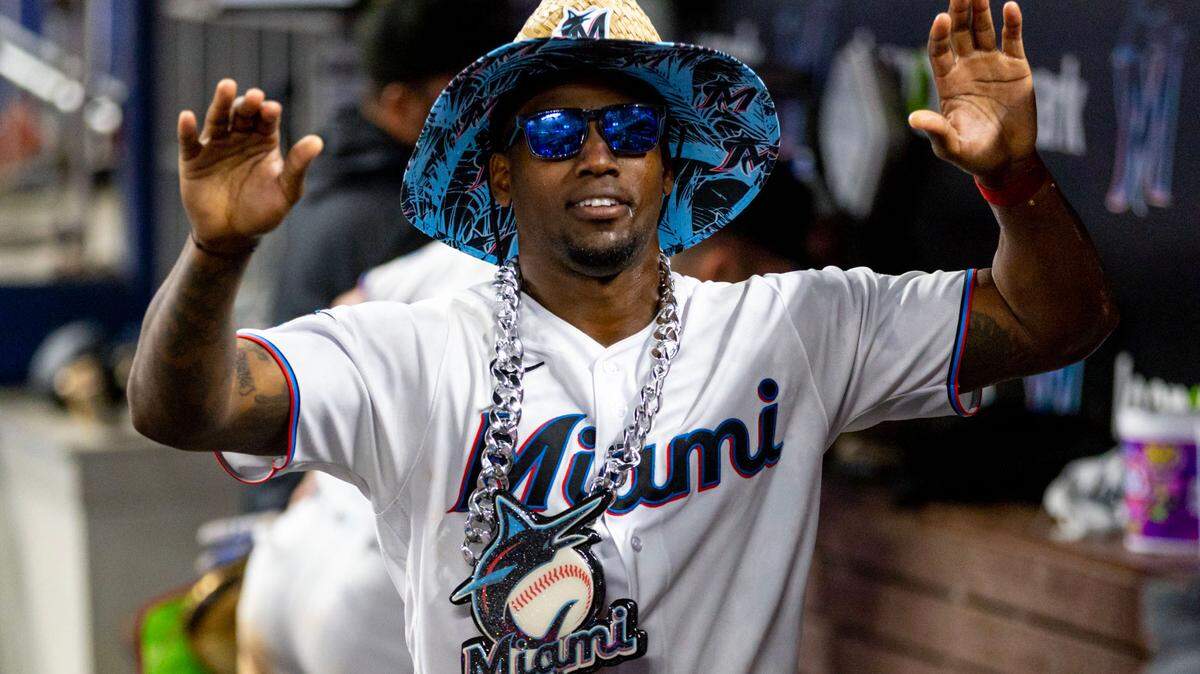 Miami Marlins player Jorge Soler (12) reacts in the Marlins dugout after he hit a walk-off two-run homerun to defeat the Washington Nationals 5-4 during the ninth inning of an MLB game at loanDepot park in the Little Havana neighborhood of Miami, Florida, on Tuesday, May 16, 2023.