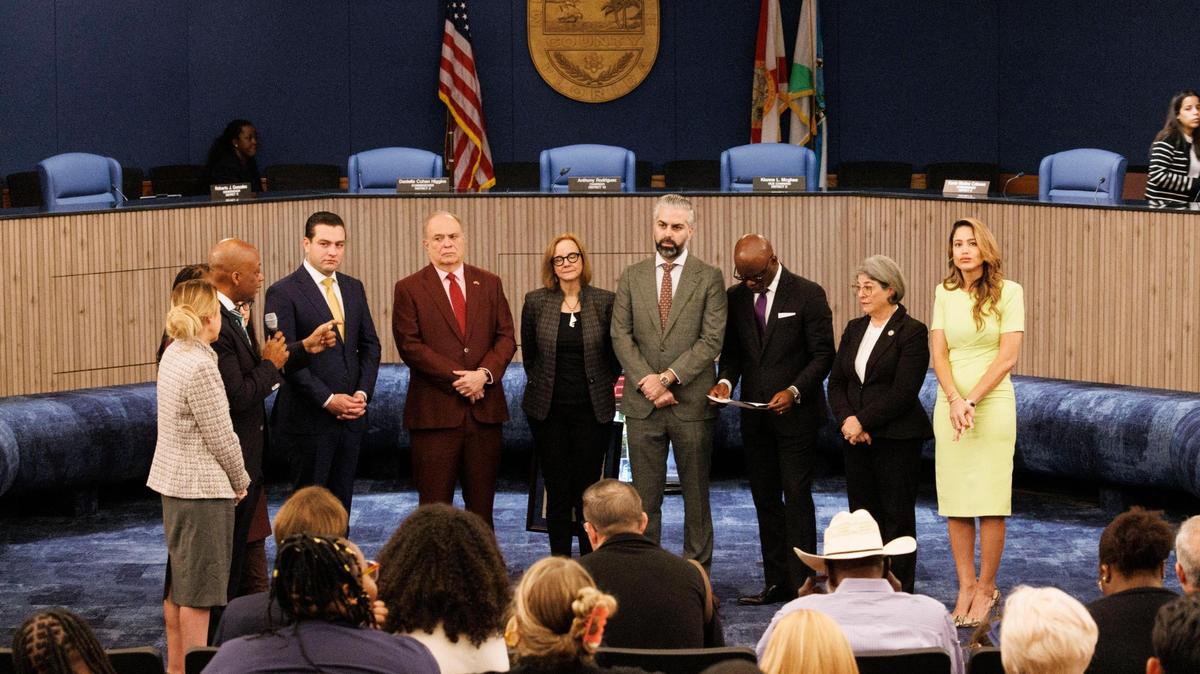 La Comisión de Miami-Dade tiene 13 escaños, pero actualmente solo 12 miembros. Se espera que el 6 de mayo de 2025, los comisionados restantes nombren al sustituto de Kevin Cabrera, quien renunció a su escaño en el Distrito 6 para ser embajador en Panamá.
