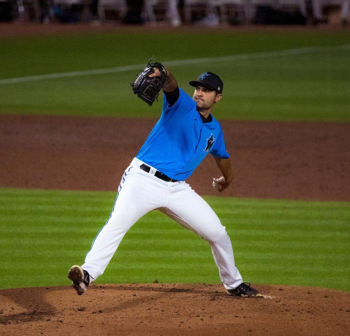 Miami Marlins pitcher Richard Bleier (35) pitches against the Houston Astros during the third inning of the spring training baseball game at Roger Dean Chevrolet Stadium on Wednesday, March 10, 2021 in Jupiter, Florida.