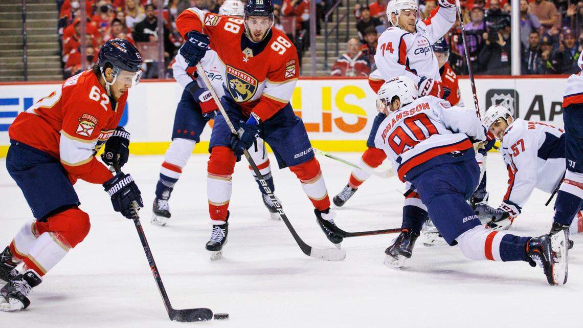 Florida Panthers defenseman Brandon Montour (62) carries the puck against Washington Capitals left wing Marcus Johansson (90) during the first period of Game 5 of a first round NHL Stanley Cup series at FLA Live Arena on Wednesday, May 11, 2022 in Sunrise, Fl.