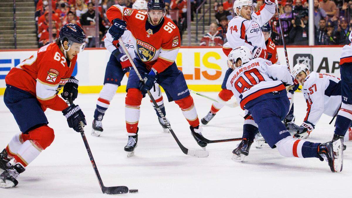 Florida Panthers defenseman Brandon Montour (62) carries the puck against Washington Capitals left wing Marcus Johansson (90) during the first period of Game 5 of a first round NHL Stanley Cup series at FLA Live Arena on Wednesday, May 11, 2022 in Sunrise, Fl.