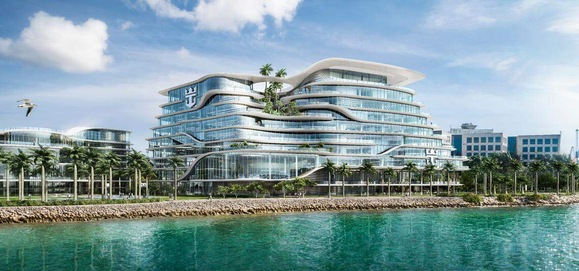 A Miami-Dade county committee approved Royal Caribbean’s $300 million plan to expand its offices at PortMiami Monday. The plan will go before the board of commissioners in May.   The building, shown in this rendering, was designed by HOK.