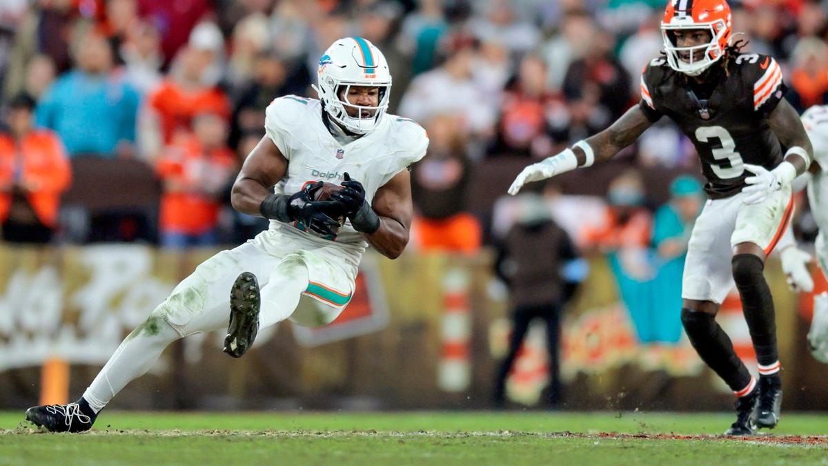 Miami Dolphins linebacker Tyrel Dodson (11) picks off a pass intended for Cleveland Browns wide receiver Jerry Jeudy (3) during the first half of an NFL Football game at Huntington Bank Field in Cleveland, Ohio on Sunday, December 29, 2024.