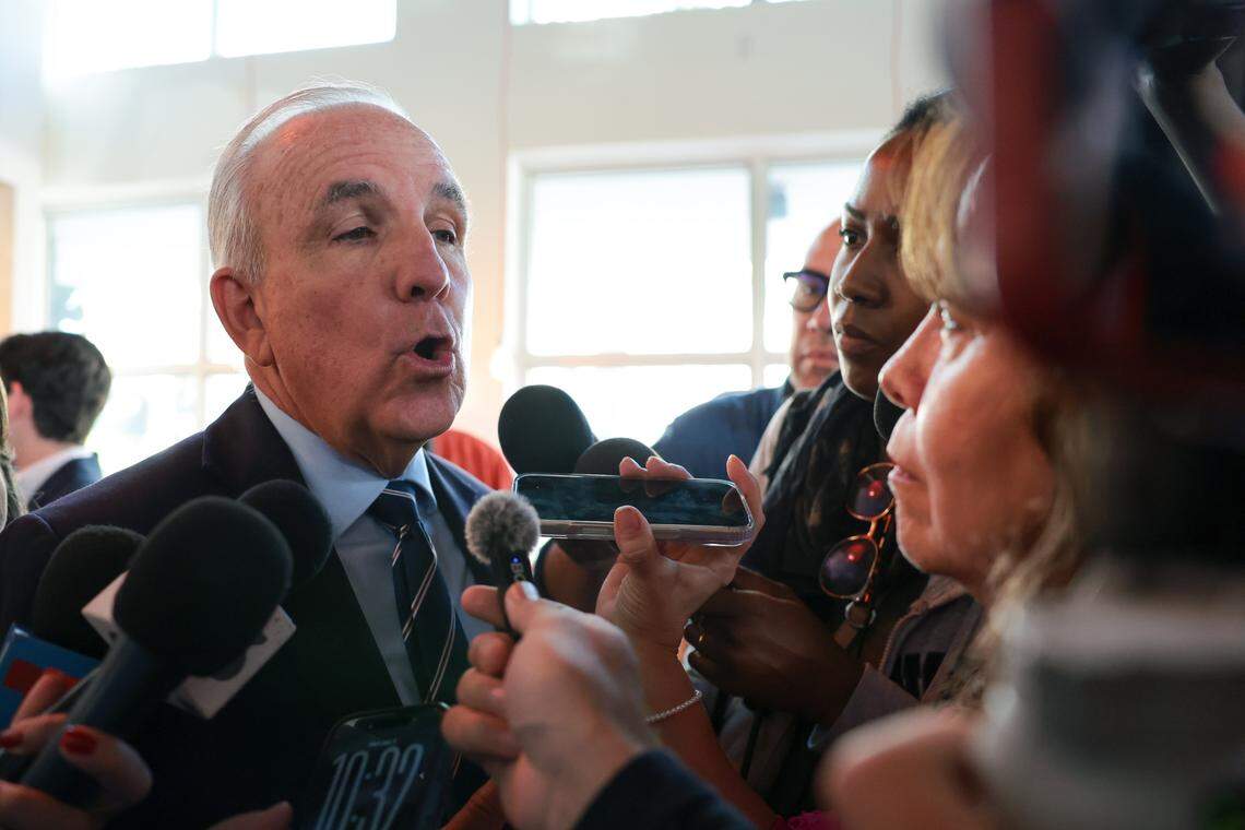 U.S. Rep. Carlos Gimenez speaks to reporters about U.S. actions in Venezuela after a press conference at Las Vegas Cuban Cuisine on Monday, Jan. 5, 2026, in Doral, Fla.