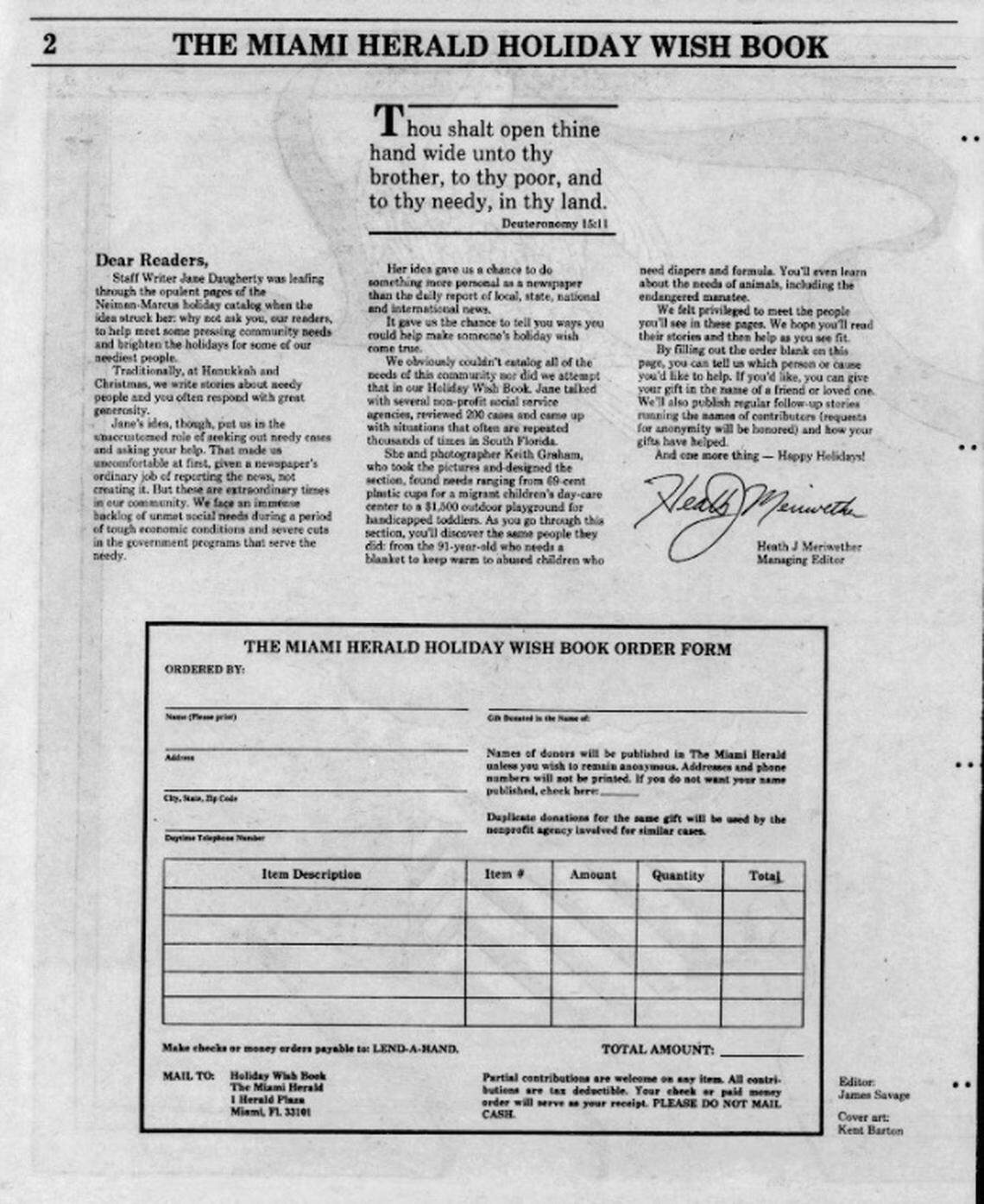 Former Miami Herald Managing Editor Heath Meriwether wrote his opinion in the first Wish Book publication published Nov. 28, 1982.