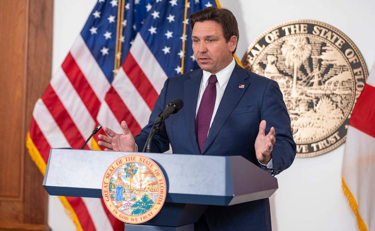 Florida Governor Ron DeSantis speaks with reporters after delivering his State of the State address during the first day of the legislative session at the Florida State Capitol on Tuesday, March 4, 2025, in Tallahassee, Fla.