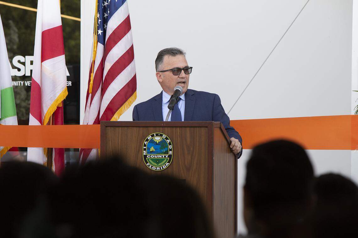 Alex Munoz, Director of Miami-Dade animal services, talks at The American Society for the Prevention of Cruelty to Animals hostes a opening celebration for the new ASPCA Community Veterinary Center in Liberty City, on Monday, Oct. 28, 2019.