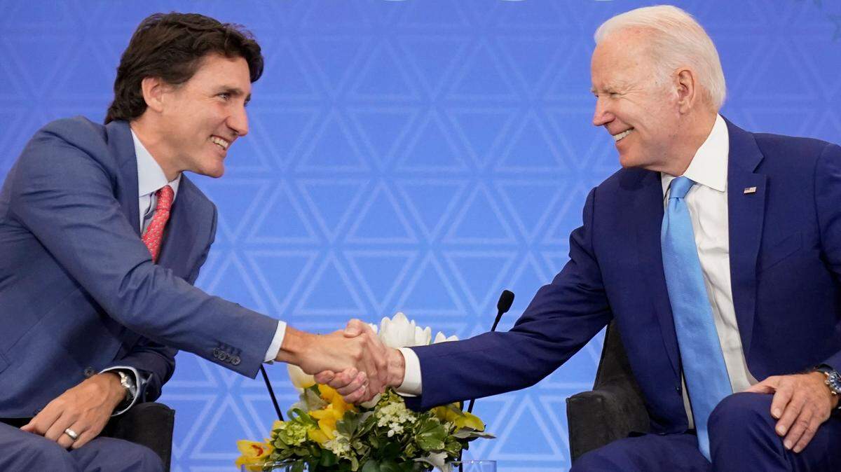 President Joe Biden meets with Canadian Prime Minister Justin Trudeau at the InterContinental Presidente Mexico City hotel in Mexico City, Jan. 10, 2023. Biden will visit Canada for the first time since taking office. The one-night trip will take place on March 23 and 24.