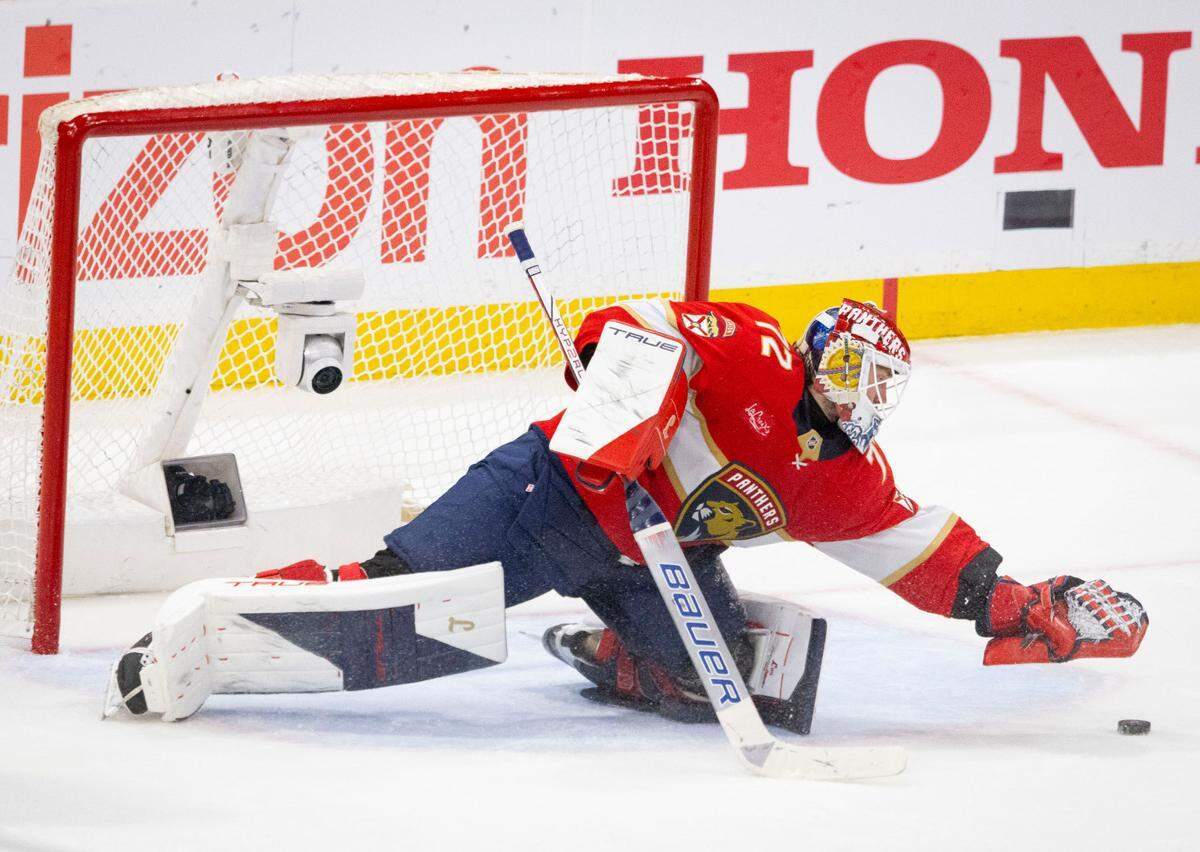 Florida Panthers goaltender Sergei Bobrovsky (72) reaches to the puck blocking a shot on goal during the second period of Game 4 of a Stanley Cup playoffs second-round series against the Toronto Maple Leafs on Sunday, May 11, 2025, at Amerant Bank Arena in Sunrise, Fla.