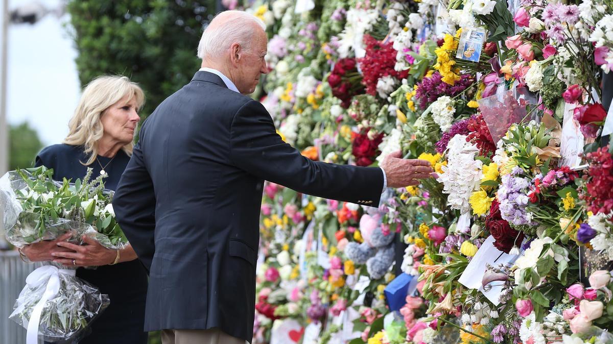 President Joe Biden and first lady Jill Biden visit the memorial in Surfside on Thursday, July 1, 2021. Jill Biden is returning to Surfside for the memorial event Friday, the one-year anniversary of the tragedy that claimed 98 lives.