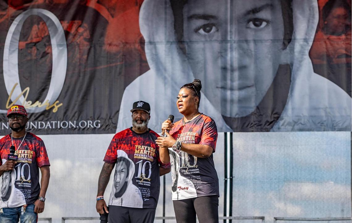 Trayvon Martin’s mother, Sybrina Fulton, speaks during the annual Trayvon Martin Foundation Peace Walk and Peace Talk at Ives Estate Park in northeast Miami-Dade on Feb. 5, 2022. Trayvon’s father, Tracy Martin, is at her left. Local elected officials and artists celebrated Trayvon’s birthday 10 years after his death.