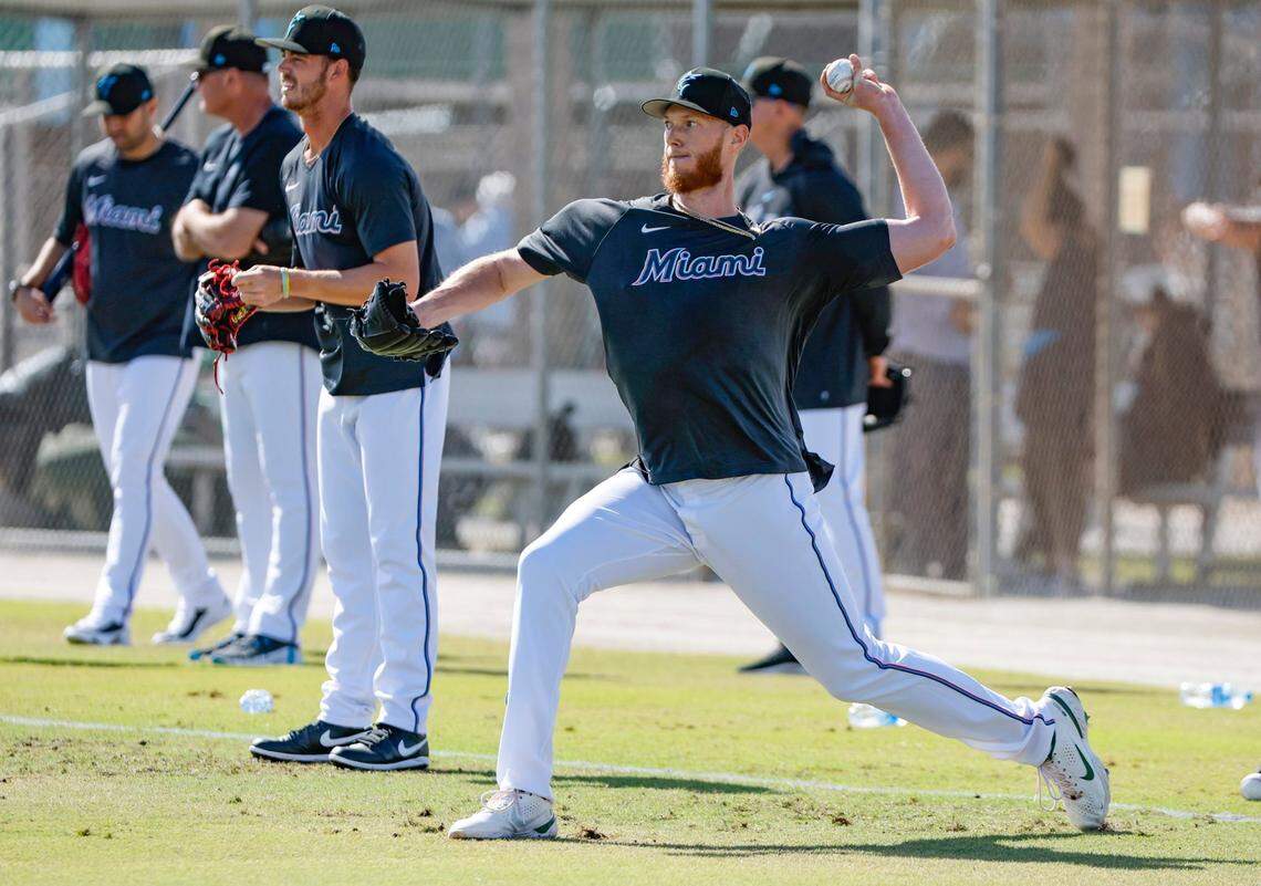 Miami Marlins pitcher A.J. Puk throws at Roger Dean Chevrolet Stadium in Jupiter, Florida on Thursday, February 16, 2023.