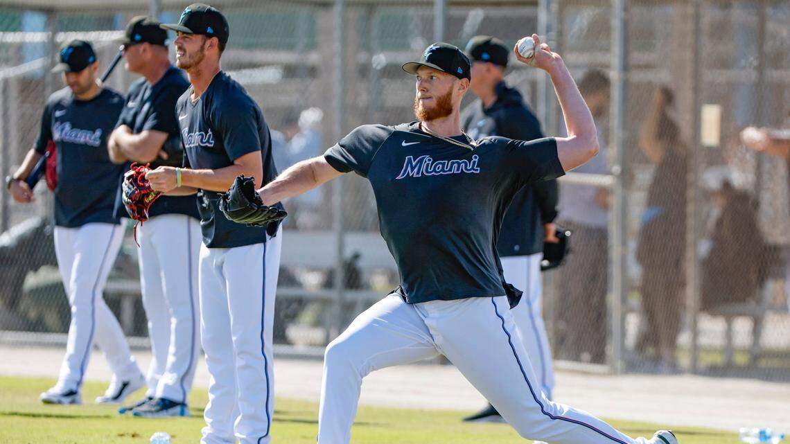 Miami Marlins pitcher A.J. Puk throws at Roger Dean Chevrolet Stadium in Jupiter, Florida on Thursday, February 16, 2023.