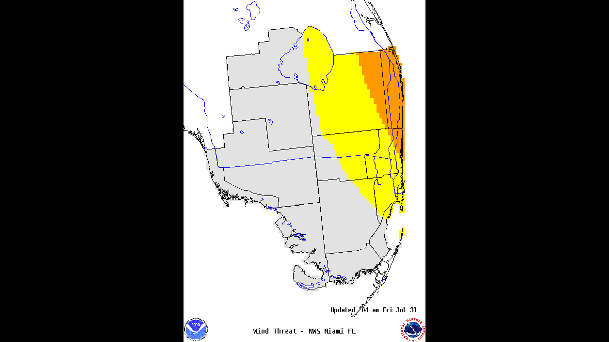 The National Hurricane Center’s map of coastal threats and potential impacts on Florida from Hurricane Isaias, released on July 31, 2020.