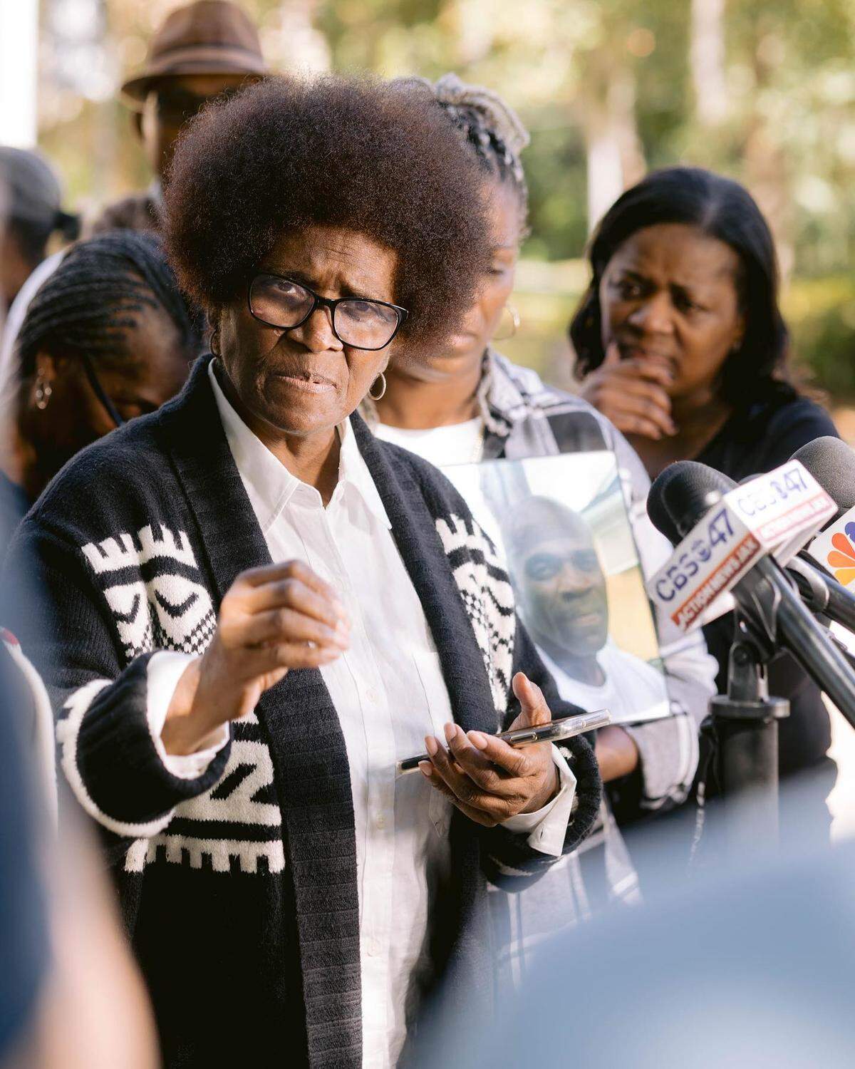 Mary Cure, Leonard Cure’s mother, speaks to reporters during a press conference in Camden County, Georgia on Wednesday, Oct. 18, 2023.
