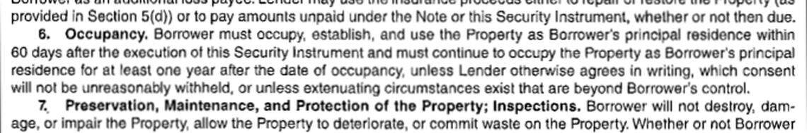 This excerpt from a mortgage Redondo signed in May shows that he is expected to live in the unit for at least a year. The document says he can live elsewhere with prior approval from City National Bank.