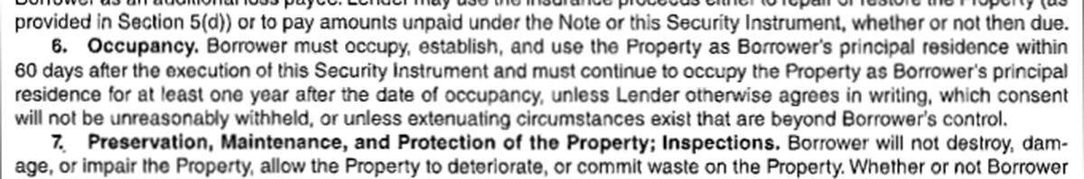 This excerpt from a mortgage Redondo signed in May shows that he is expected to live in the unit for at least a year. The document says he can live elsewhere with prior approval from City National Bank.