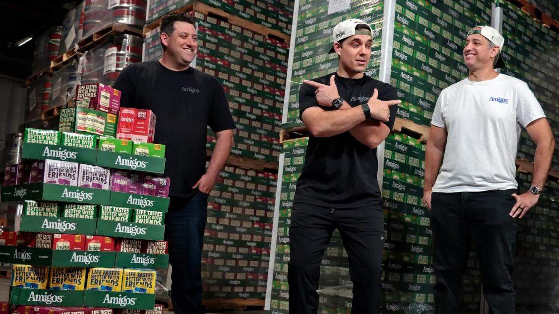 Amigos co-owners, from left, David Shiffman, Patrick Masucci and Jason Brietstein joke around during a portrait session in the warehouse at Funky Buddha Brewery in Oakland Park on Thursday, April 16, 2026.