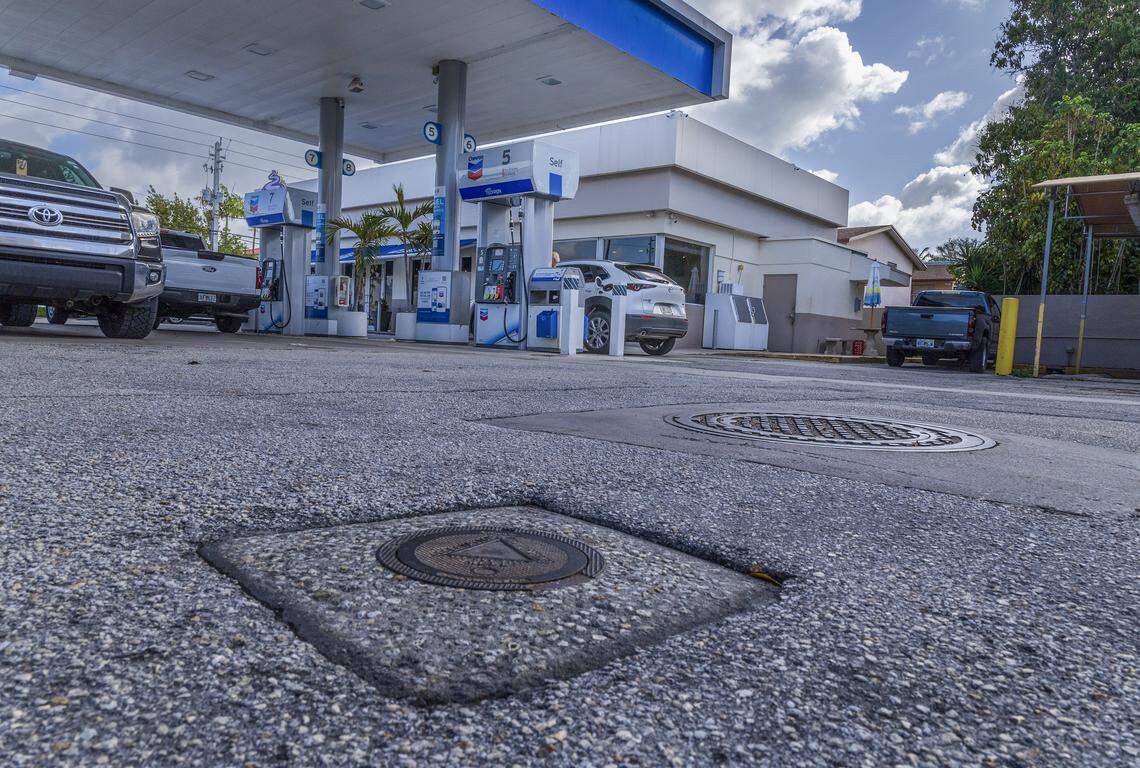 View of a monitoring well manhole cover in the grounds of a Chevron gas station located in the Morningside neighborhood in Miami, on Tuesday, March 31, 2026.