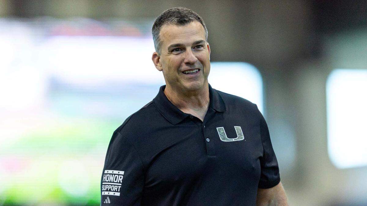 Hurricanes Head Coach Mario Cristobal reacts during University of Miami’s Pro Day at Carol Soffer Indoor Practice Facility on Monday, March 24, 2025, in Miami, Florida.