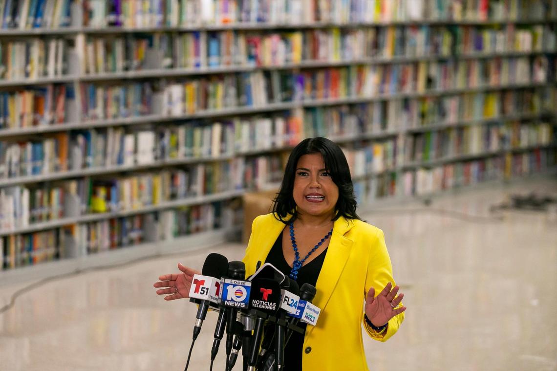 Karla Hernandez-Mats, the president of United Teachers of Dade and a vice president of the American Federation of Teachers, holds a press conference at Hialeah Middle Community School on Saturday, Aug. 27, 2022, in Hialeah, Fla. Charlie Crist announced that he selected Hernandez-Mats as his running mate in the race against Ron DeSantis for Florida governor.