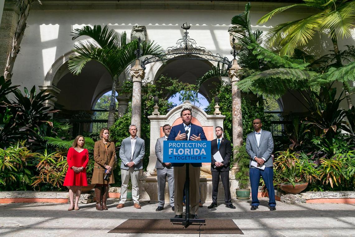 Florida Gov. Ron DeSantis speaks during a press conference at Vizcaya Museum & Gardens in Miami on Tuesday, Feb. 1, 2022. DeSantis announced $404 million in climate change preparation funds.
