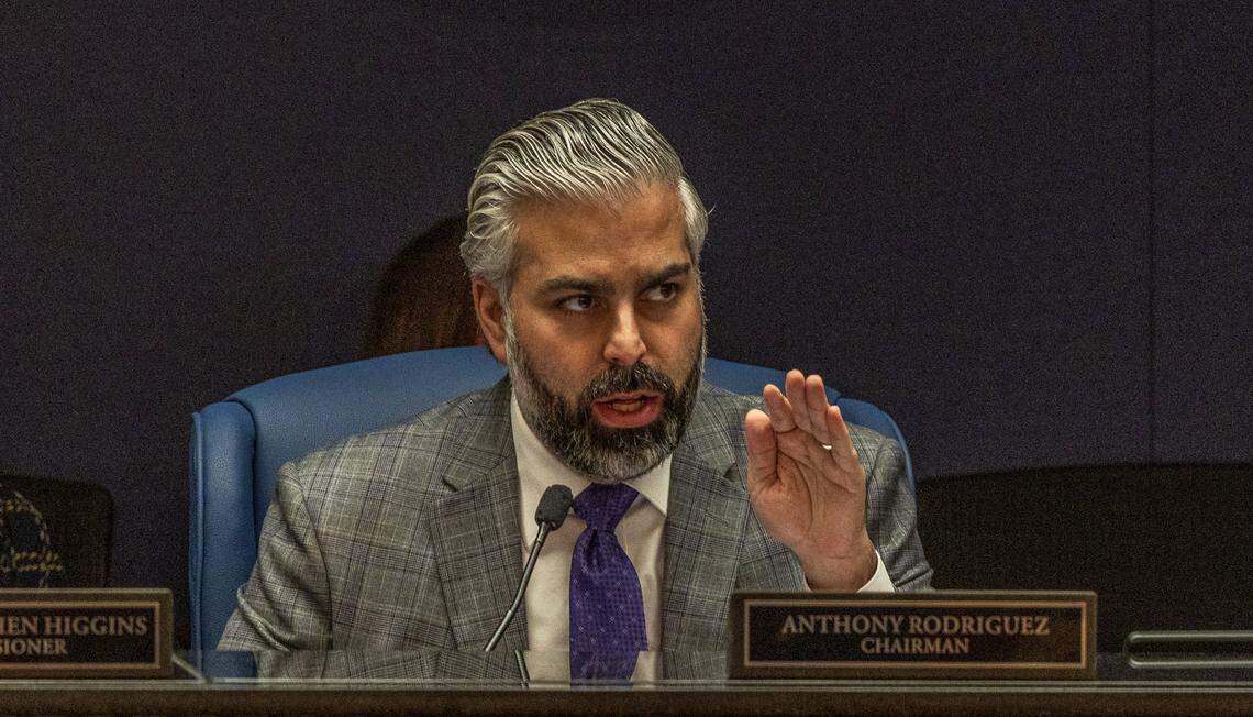 Miami-Dade County Commission Chairman Anthony Rodriguez speaks during the discussion of an item related to PortMiami, ahead of the final budget meeting on Mayor Daniella Levine Cava's $12.9 billion spending proposal, at the County Commission Chambers, on Thursday September 18, 2025.
