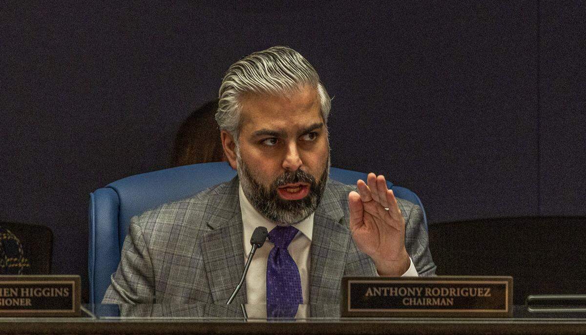 Miami-Dade County Commission Chairman Anthony Rodriguez speaks during the discussion of an item related to PortMiami, ahead of the final budget meeting on Mayor Daniella Levine Cava's $12.9 billion spending proposal, at the County Commission Chambers, on Thursday September 18, 2025.