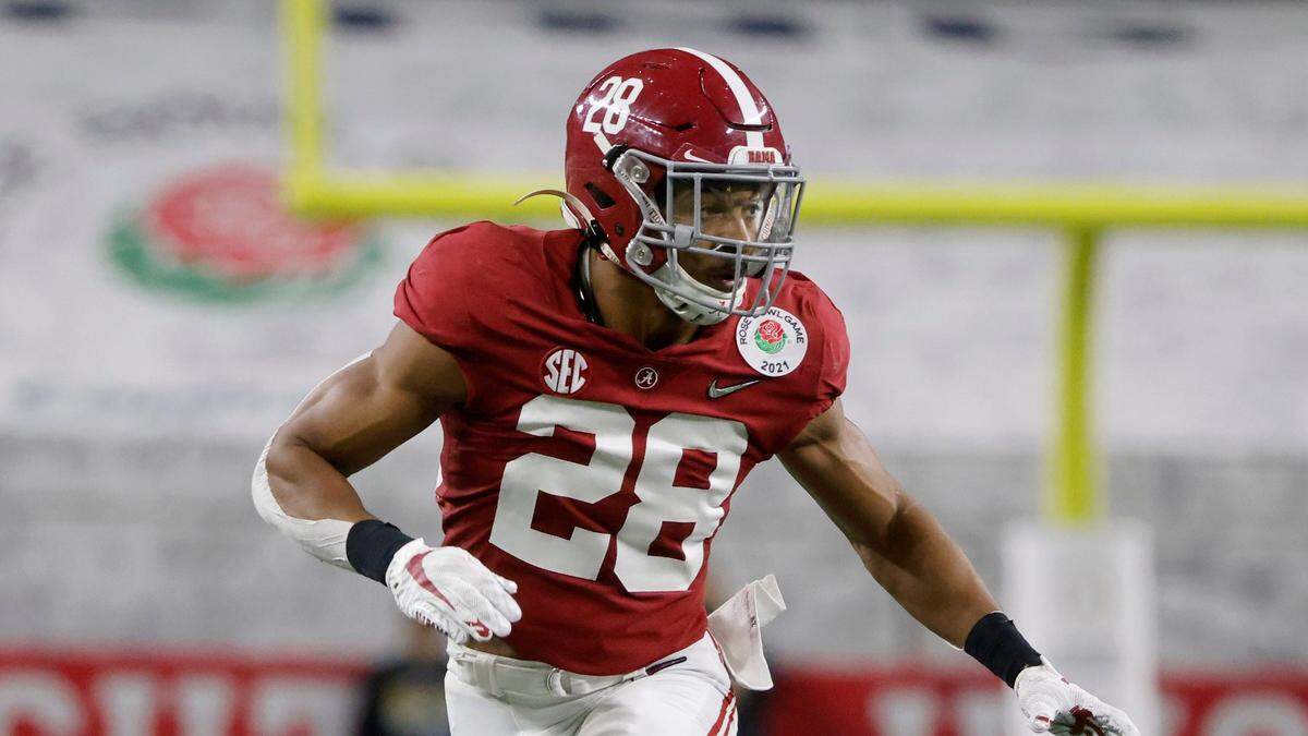 Alabama defensive back Josh Jobe (28) defends against Notre Dame during the Rose Bowl NCAA college football game in Arlington, Texas, Friday, Jan. 1, 2021. (AP Photo/Michael Ainsworth)