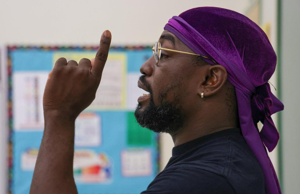 Dance instructor Taurean Devoe leads a group of students during dance class at an after school program at Miami Shores Elementary.