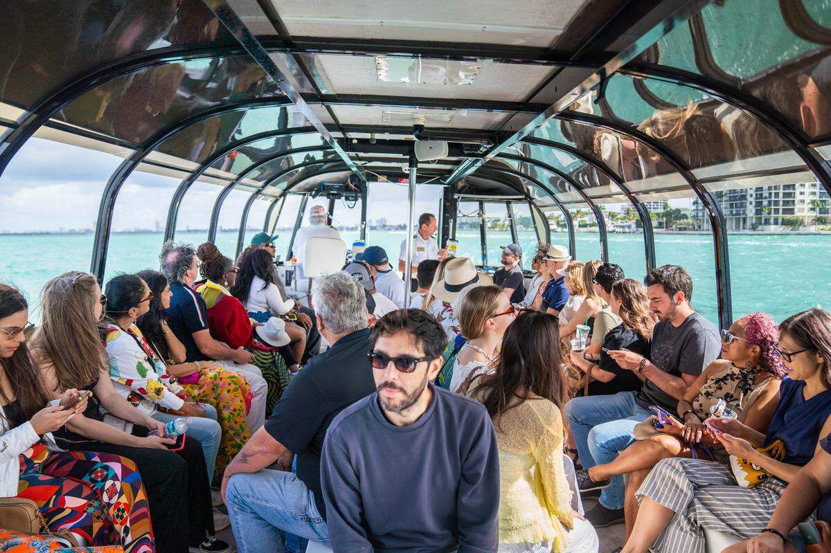Complimentary water taxis are available during Miami Art Week to travel across Biscayne Bay while avoiding car traffic.