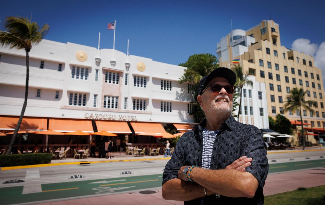 George Neary, executive director of the Miami Design Preservation League, outside the Cardozo Hotel during a press conference opposing the Florida Legislature’s support for a developer-friendly revision of the controversial Live Local Act. He echoed Beach political leaders, saying the changes could remove protections across the state for historical areas like the city’s signature Art Deco district.