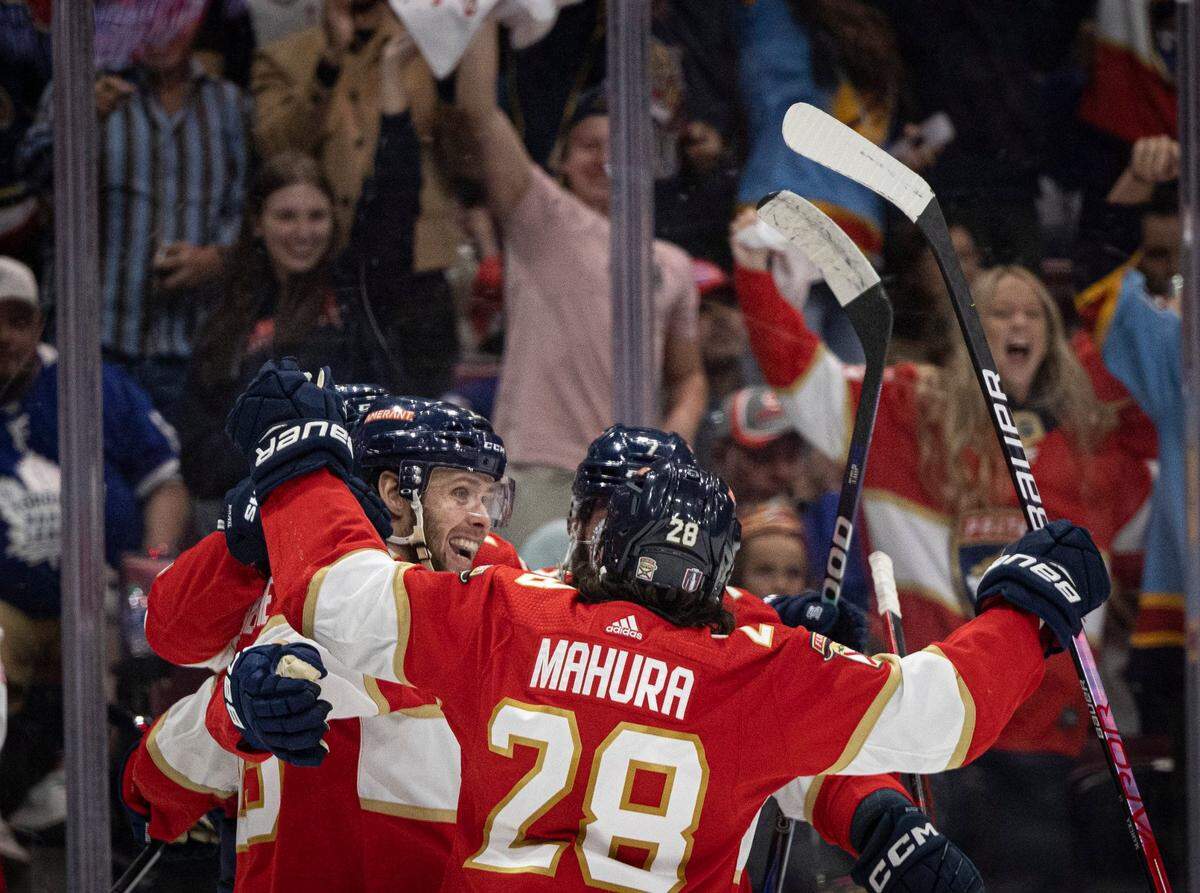 Florida Panthers center Carter Verhaeghe (23) and teammates celebrate his goal during the second period of Game 3 of the Eastern Conference second-round NHL Stanley Cup series on Sunday, May 7, 2023, at FLA Live Arena. The score was tied 2-2 at the end of the second period.