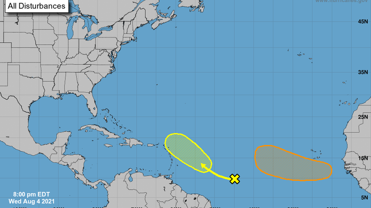 One of the three disturbances tracked by the National Hurricane Center has dissipated, leaving two with low to moderate chances of forming within the next five days.