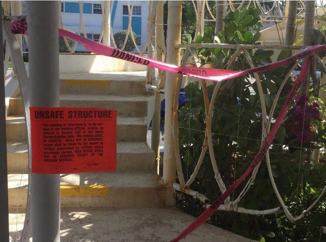 An unsafe structure sign was affixed to bottom of the Bird's Nest stairwell by the town of Bay Harbor Islands a day after a heated election.