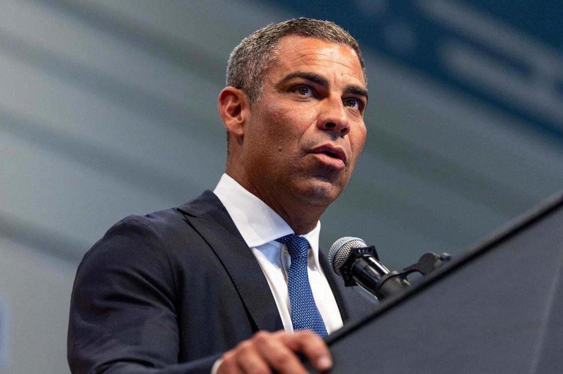 Miami Mayor Francis Suarez speaks to the media during a press conference discussing mid-year crime stats on Thursday, July 17, 2025, in Miami.